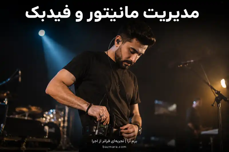 وظایف استیج من در کنسرت و رویداد زنده: راهنمای کامل صدابرداران 5 نوازنده در حال استفاده از مانیتور گوشی IEM روی صحنه