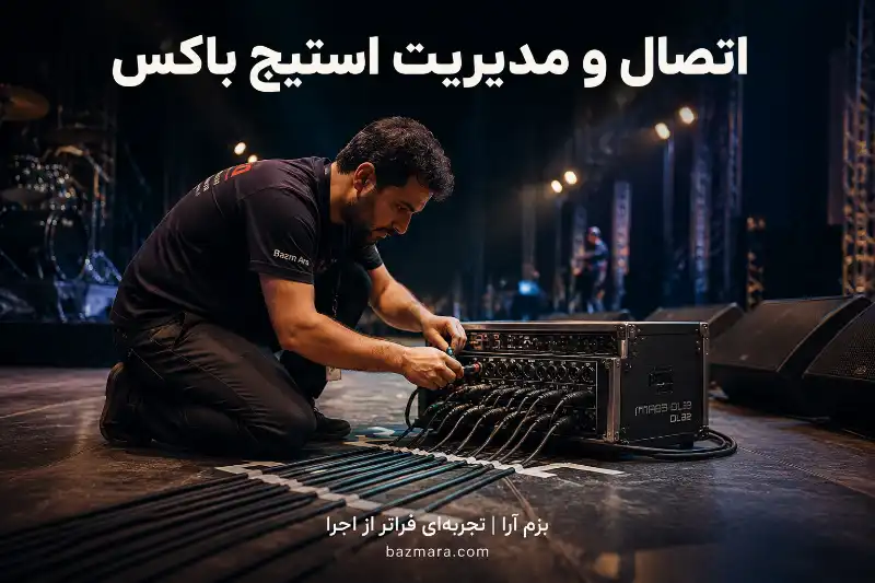 وظایف استیج من در کنسرت و رویداد زنده: راهنمای کامل صدابرداران 3 استیج من در حال مدیریت اتصالات استیج باکس روی صحنه کنسرت
