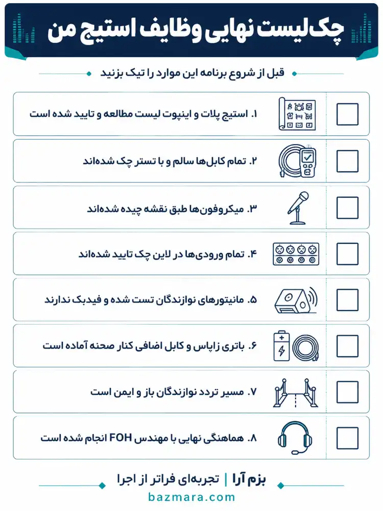 وظایف استیج من در کنسرت و رویداد زنده: راهنمای کامل صدابرداران 7 چکلیست قابل چاپ وظایف استیج من قبل از شروع کنسرت و رویداد زنده